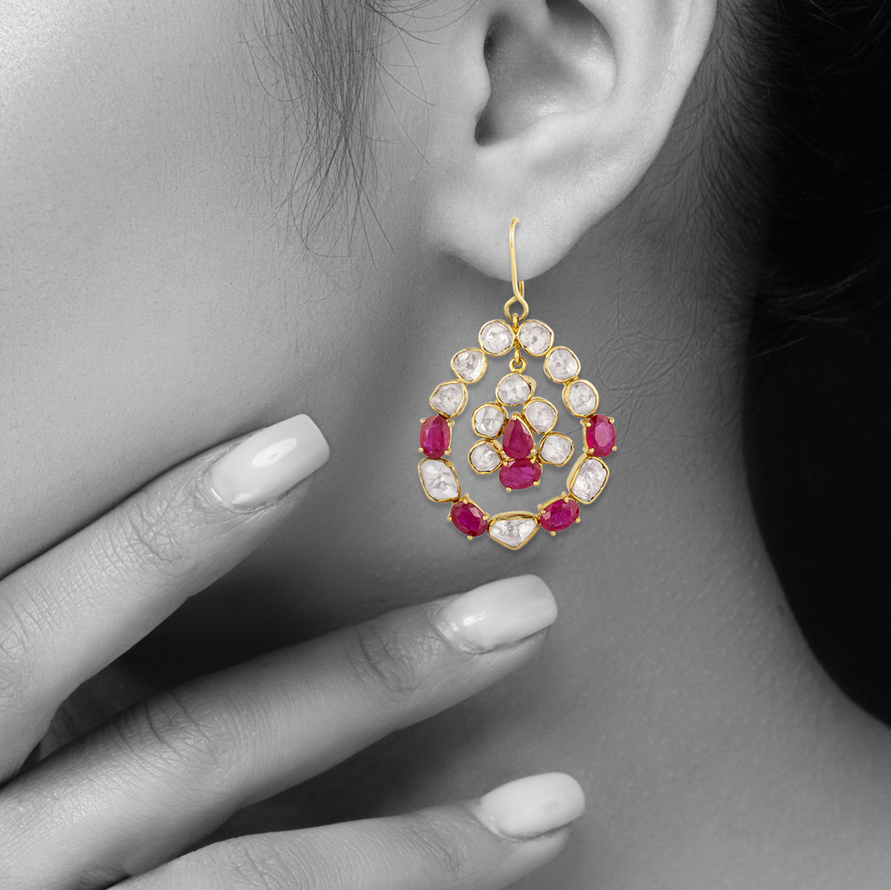 Earrings with Uncut Diamonds Polki & Ruby Teardrop